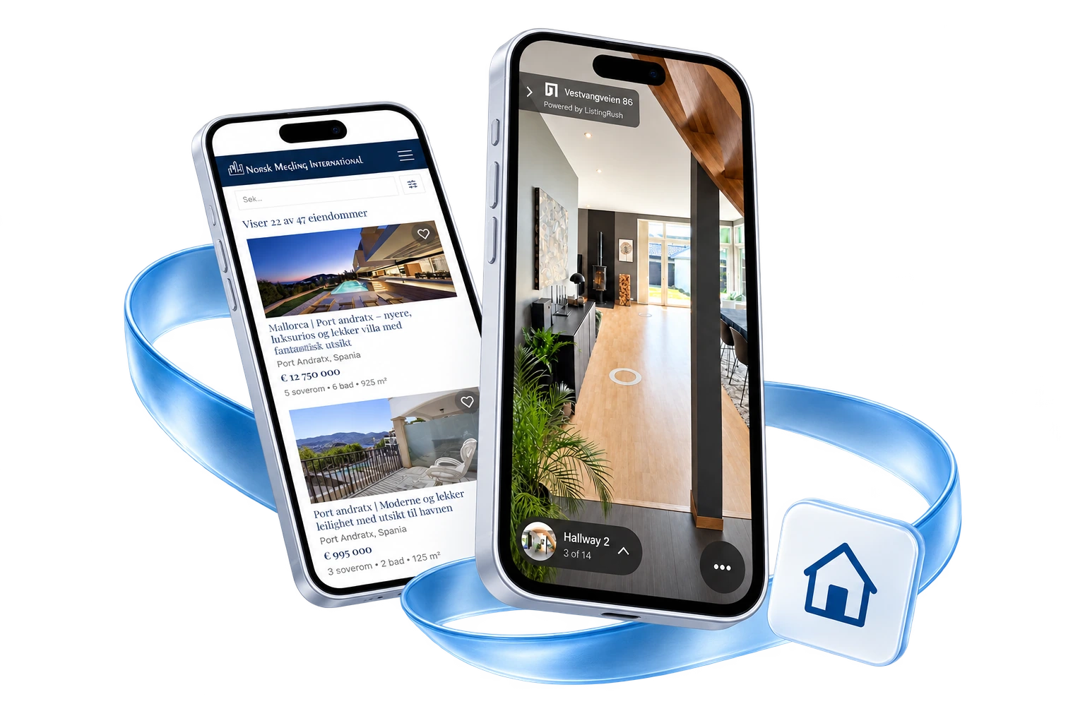 Two mobile property experiences showing a listing search and a ListingRush tour
