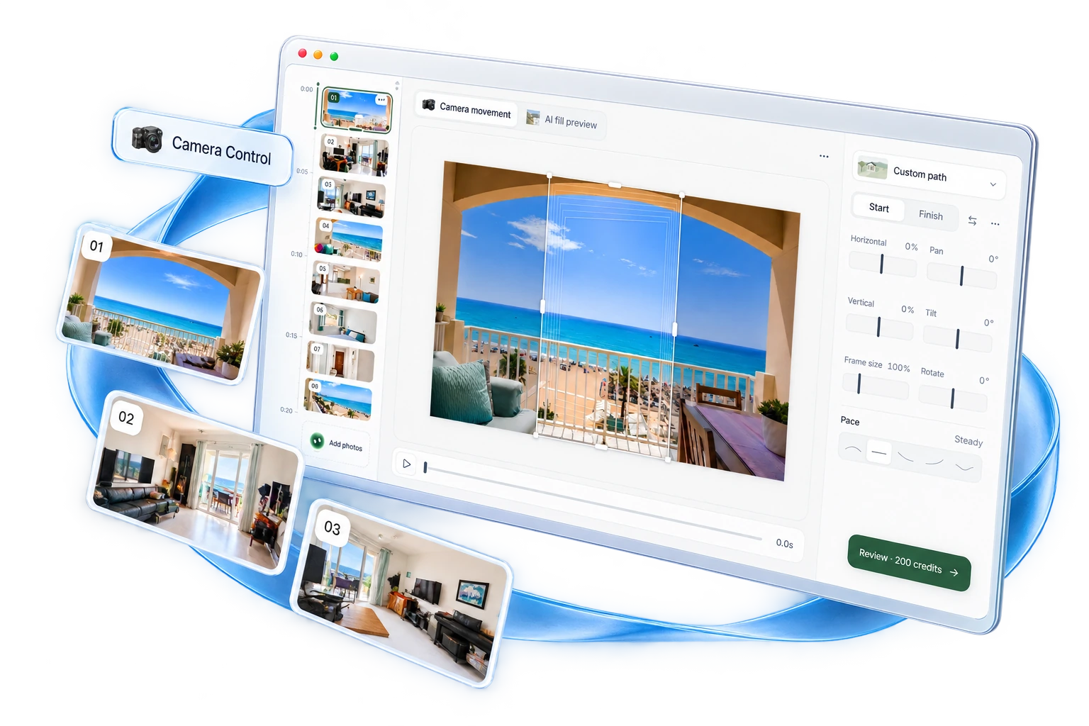 ListingRush Camera Control with a sea view property photo and floating photo frames