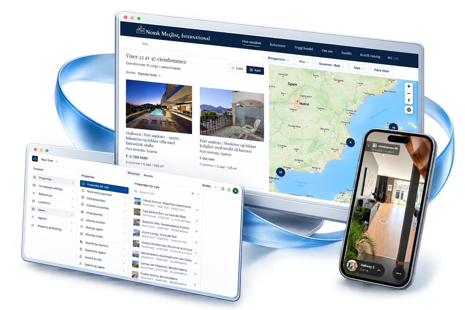 A property website, Sanity workspace and ListingRush tour presented as floating product screens