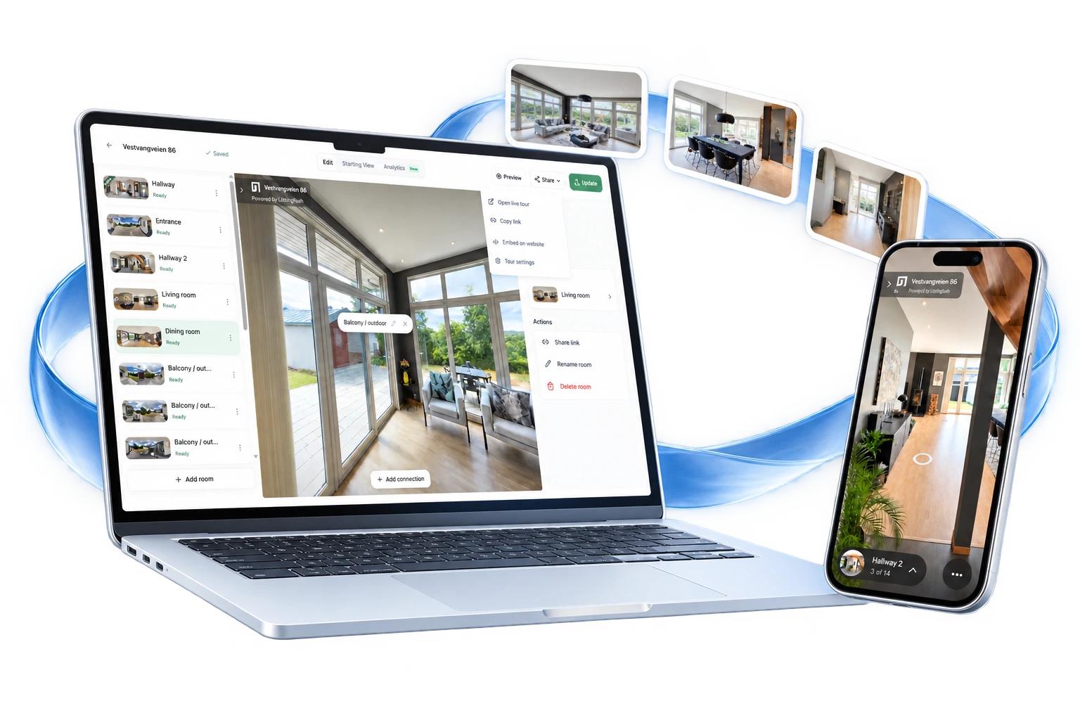 The ListingRush room editor and mobile virtual tour presented on floating devices